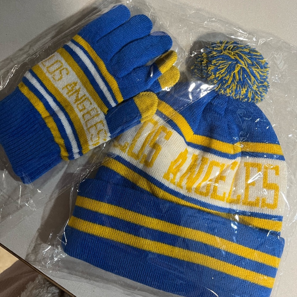 Blue and Yellow LA Beanie and Gloves Set